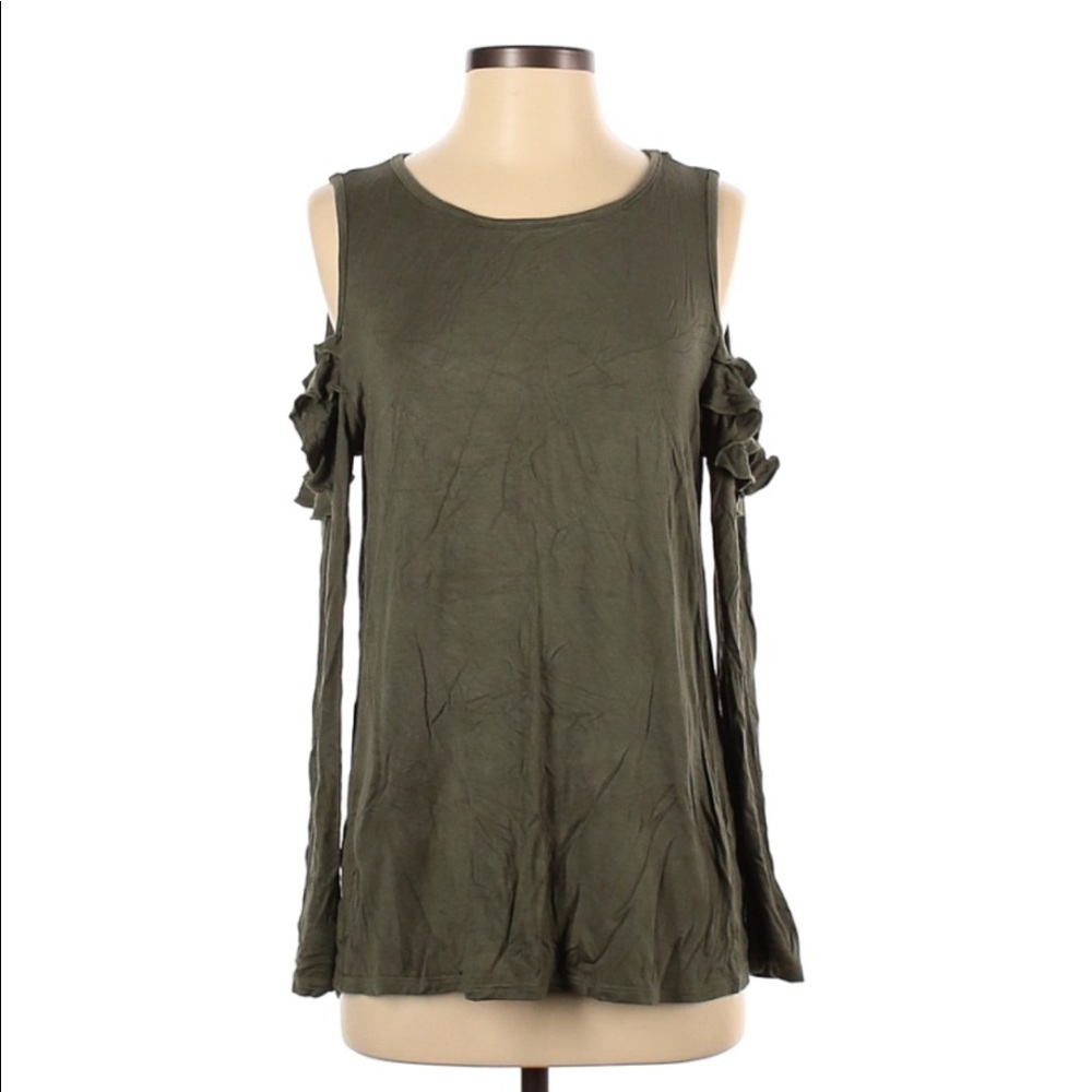 Olive green, Cotton bleu long sleeve top, cold shoulder,  size small has stretch